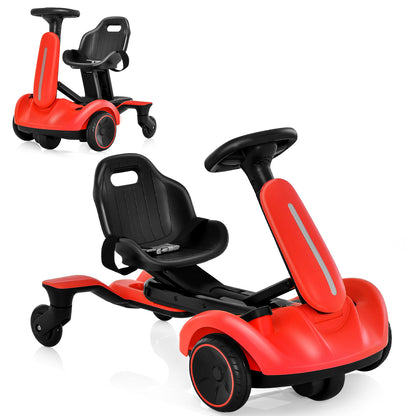 Red electric drift car shown from the front and a smaller version from the side