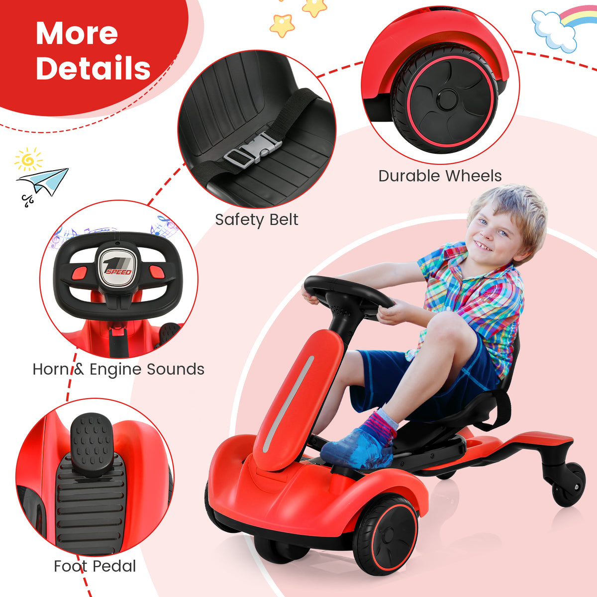 Close-up details of the red electric drift car including safety belt and foot pedal