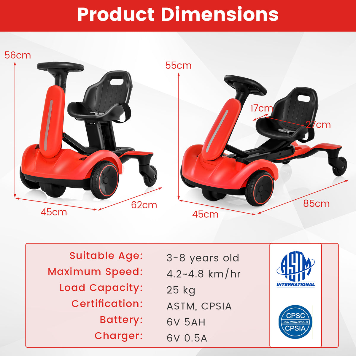 Product dimensions diagram for the red electric drift car