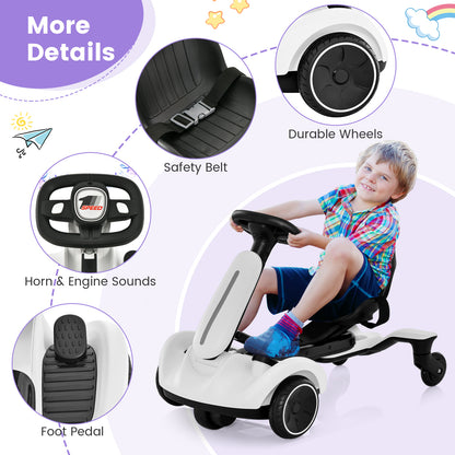 Close up details of the kids electric drift car including seat belt and foot pedal