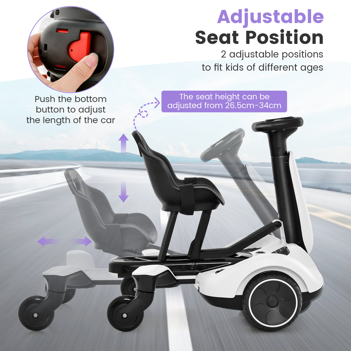 Adjustable seat position for the kids electric drift car