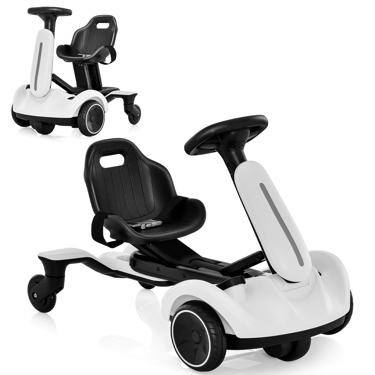 White kids electric drift car with black seat and steering wheel
