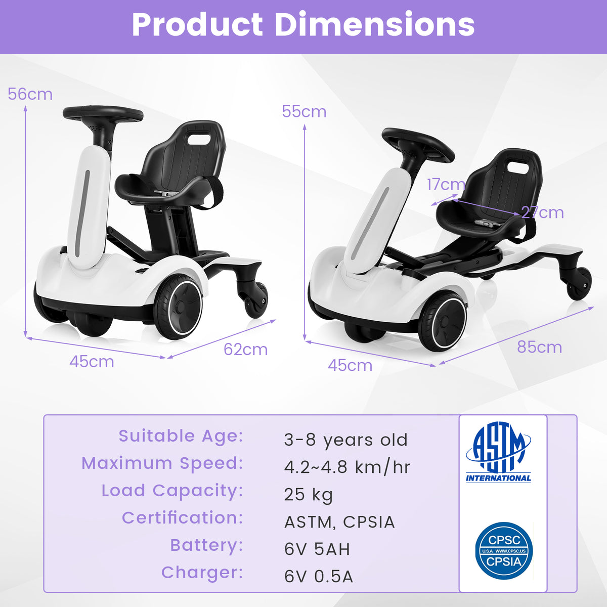 Product dimensions diagram for the kids electric drift car