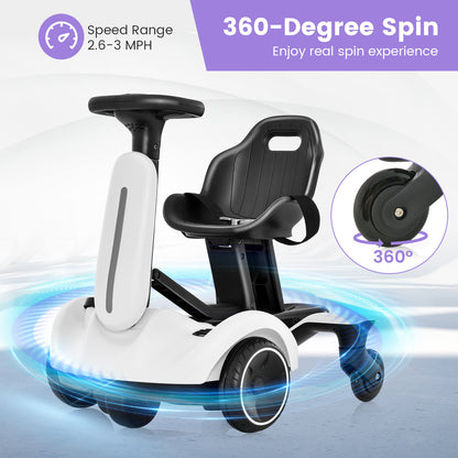 The white kids electric drift car shown with motion graphics highlighting its spinning movement