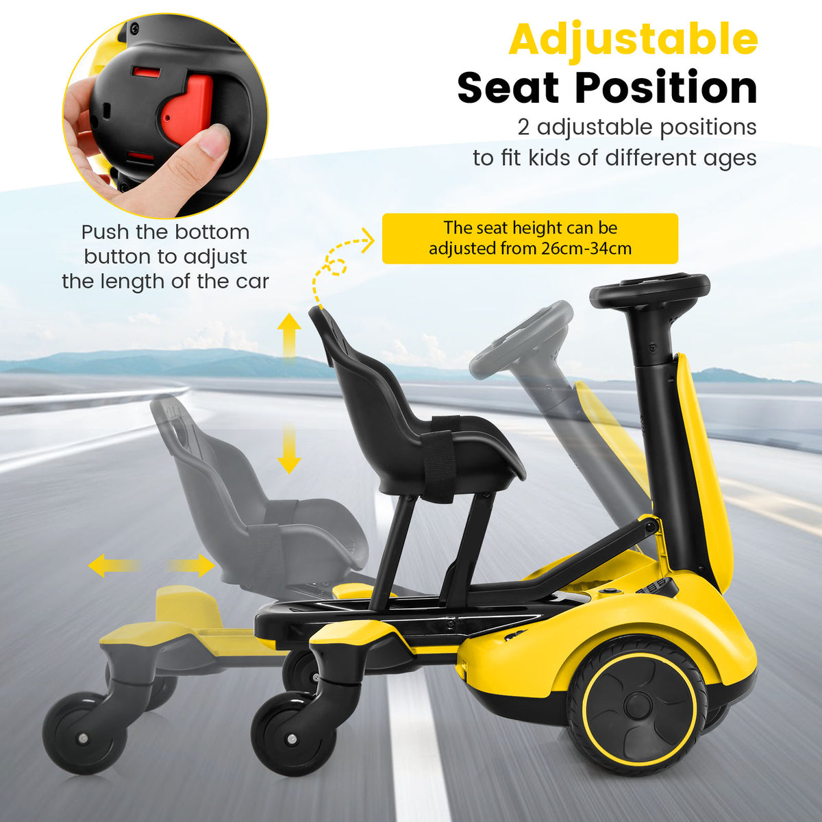 The kids electric car showing the adjustable seat height and length positions for children