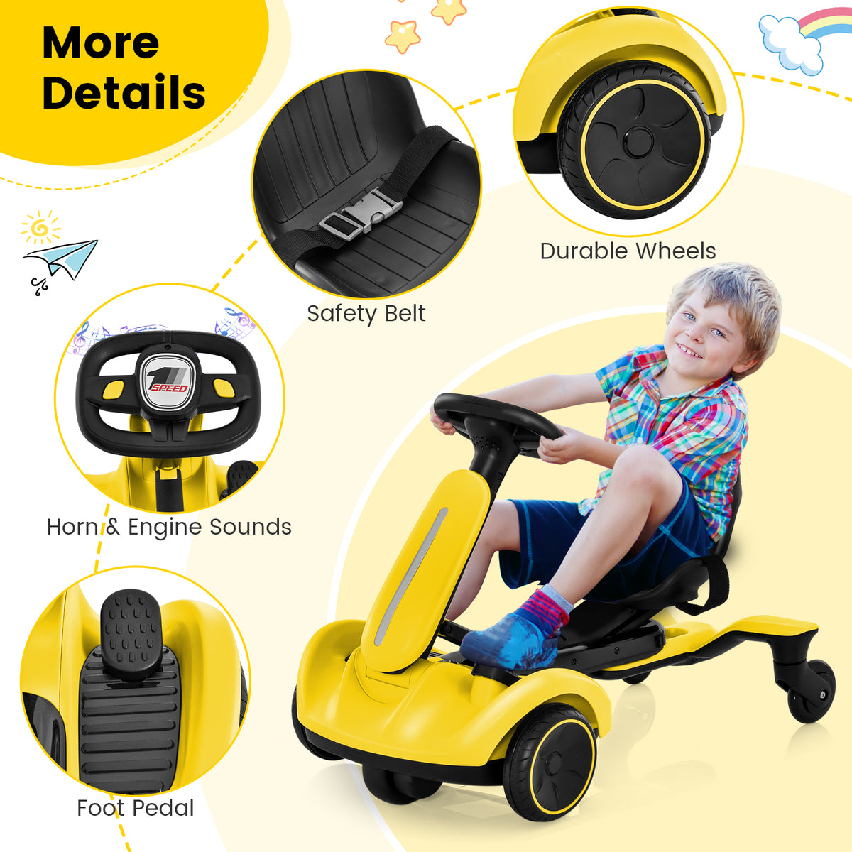 The kids electric car with close-up details of the pedal, safety belt, wheels and steering wheel