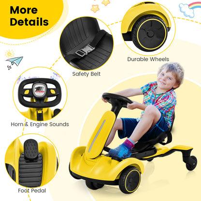 The kids electric car with close-up details of the pedal, safety belt, wheels and steering wheel