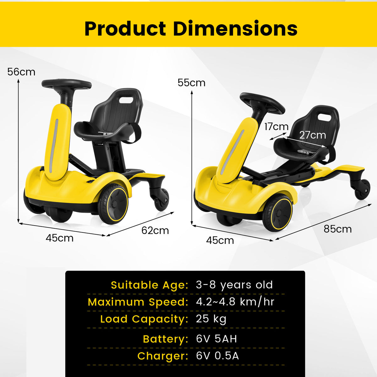 The kids electric car with technical diagrams showing dimensions and product specifications
