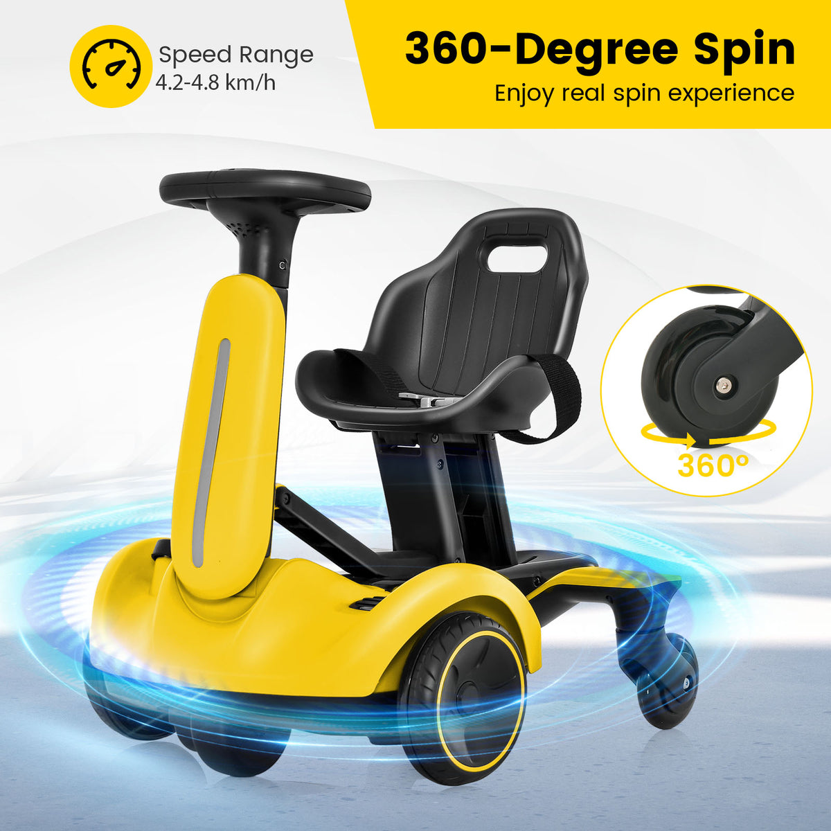 The kids electric car highlighting the spinning wheel motion and speed range capabilities