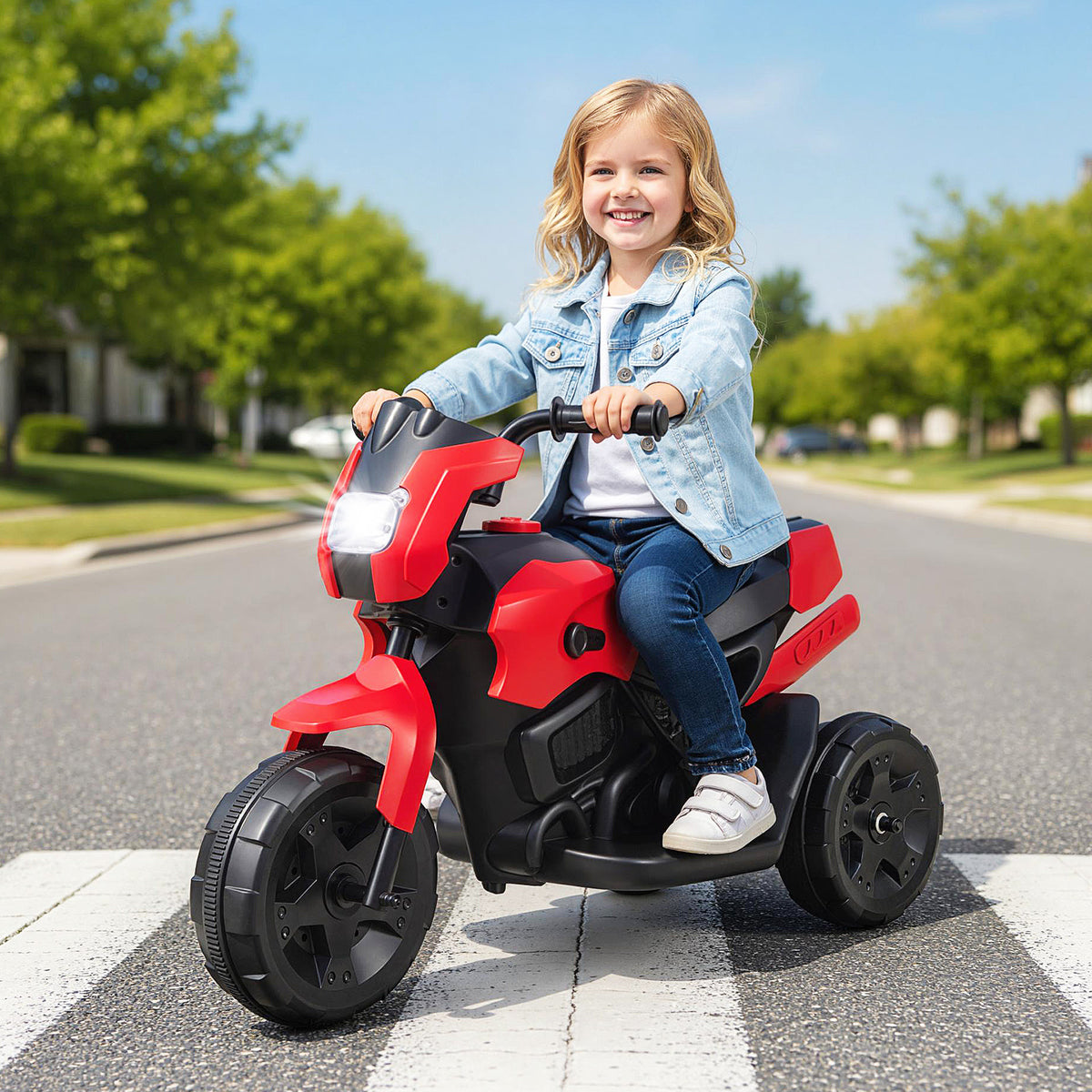 A young girl rides the red kids electric motorbike across a pedestrian crossing