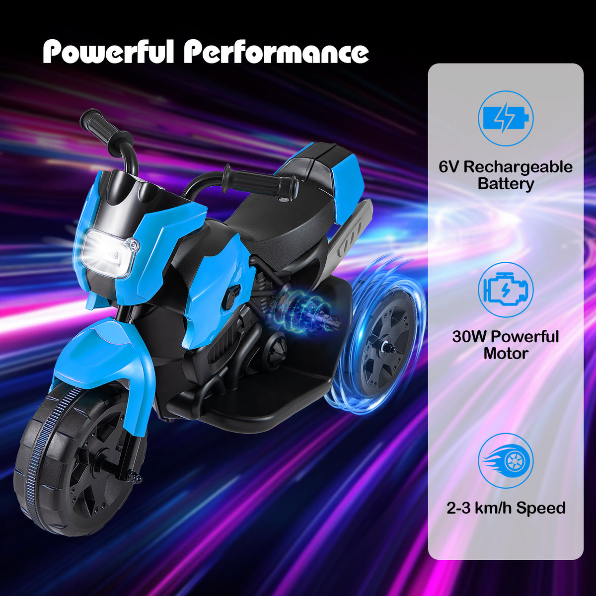 The kids electric motorbike with graphic icons showing performance details