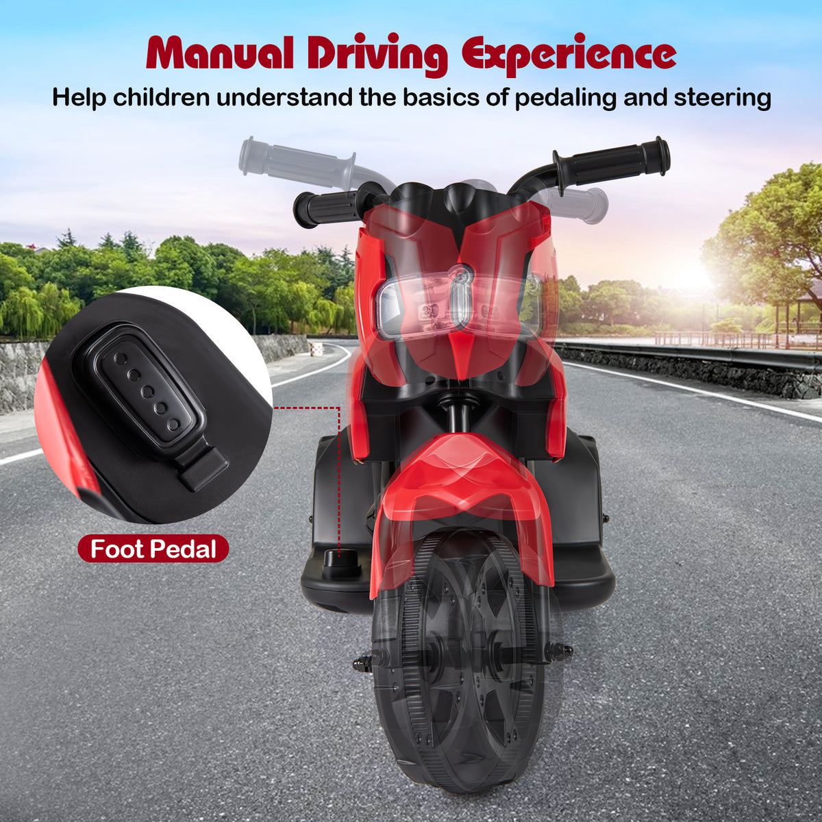 Close up of the foot pedal on the red kids electric motorbike