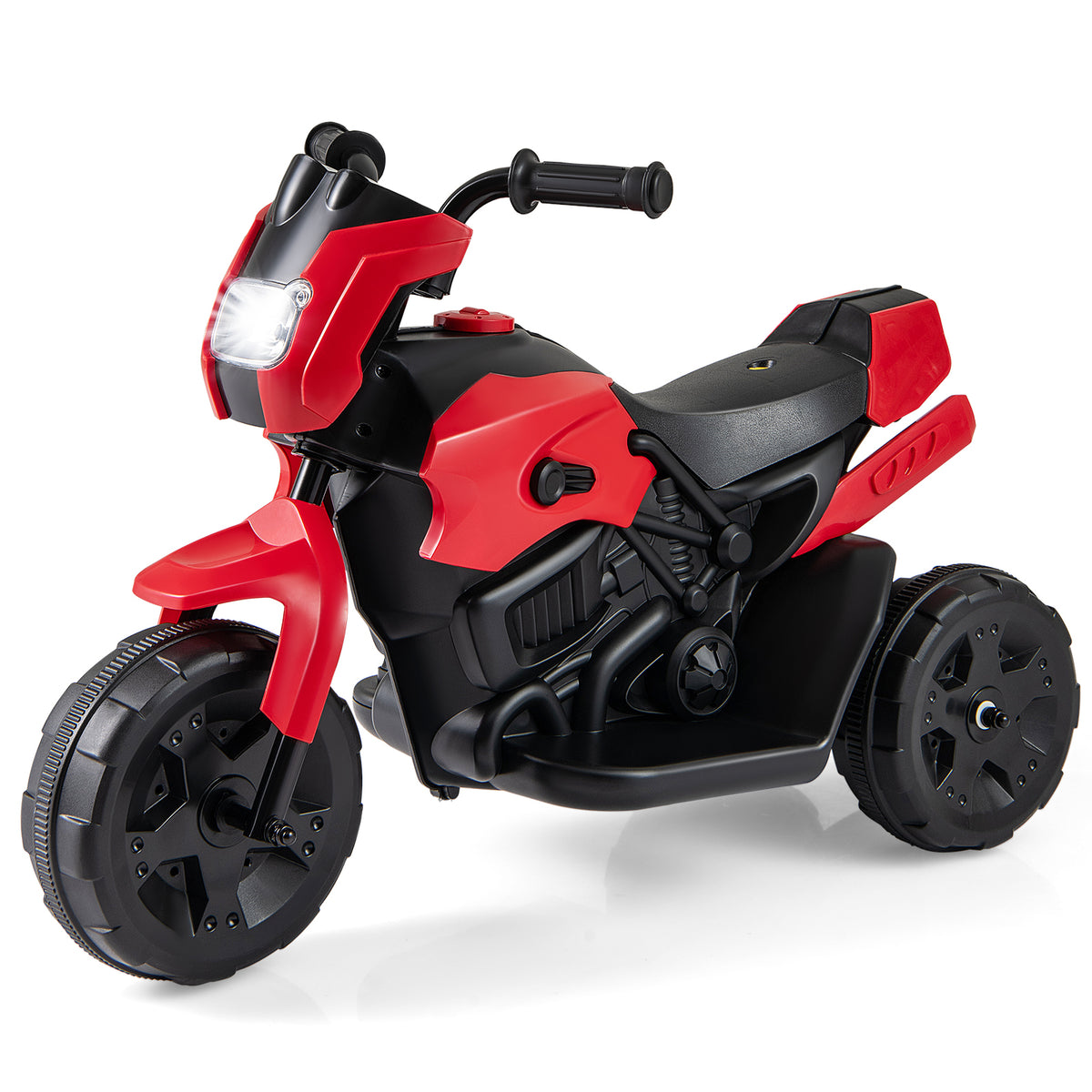 6V Kids 3-Wheel Ride on Motorbike in red with a lit headlight