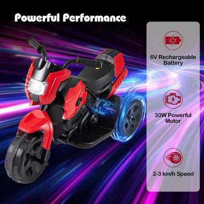 The red kids electric motorbike with text about its performance
