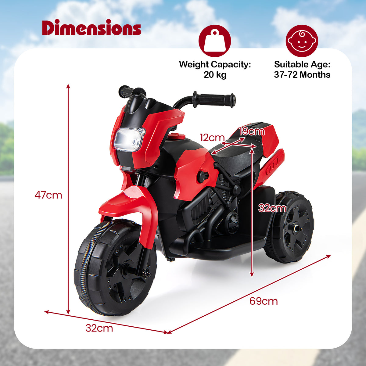 Dimensions diagram for the red kids electric motorbike