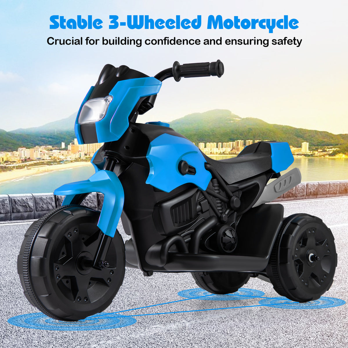 The kids electric motorbike with a graphic highlighting the stable three wheel base