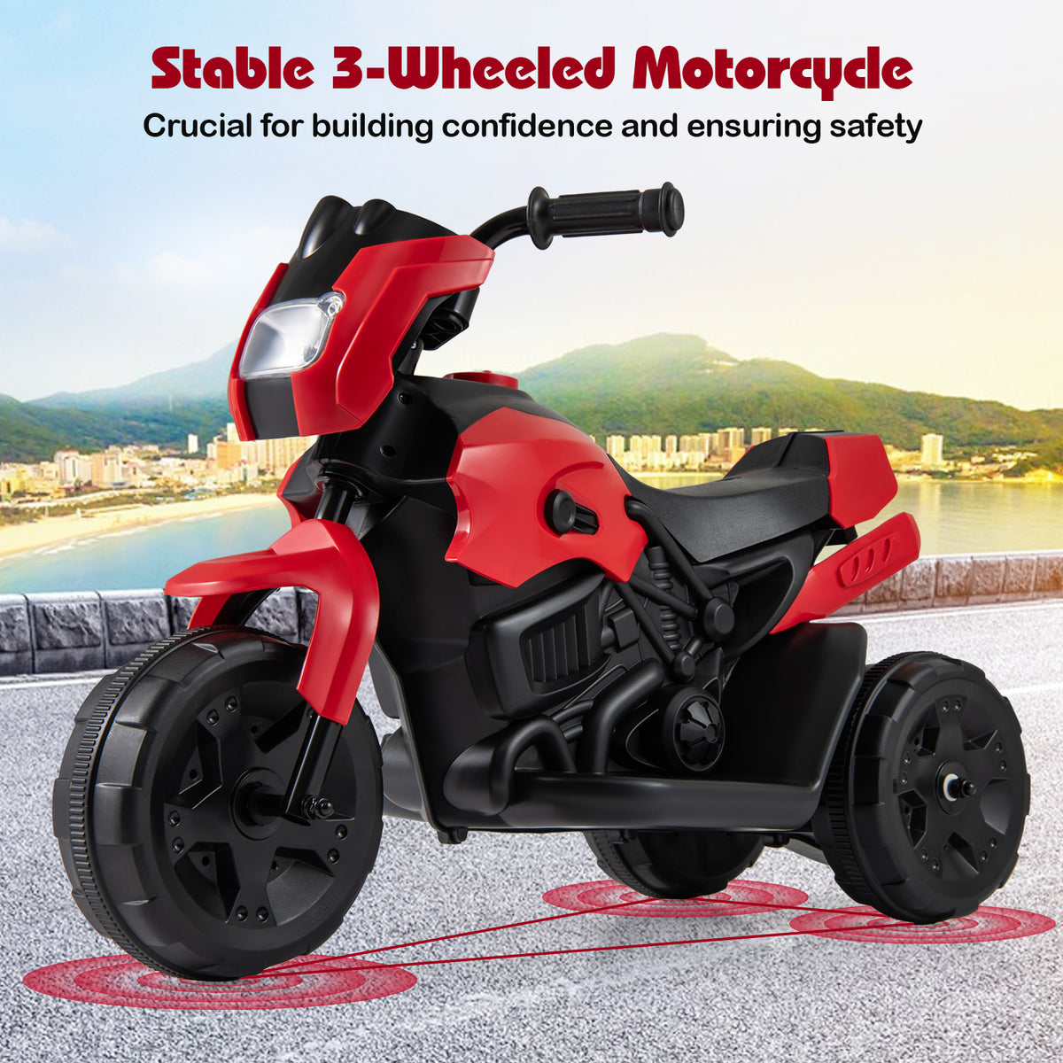 A red kids electric motorbike parked on a street with a city backdrop