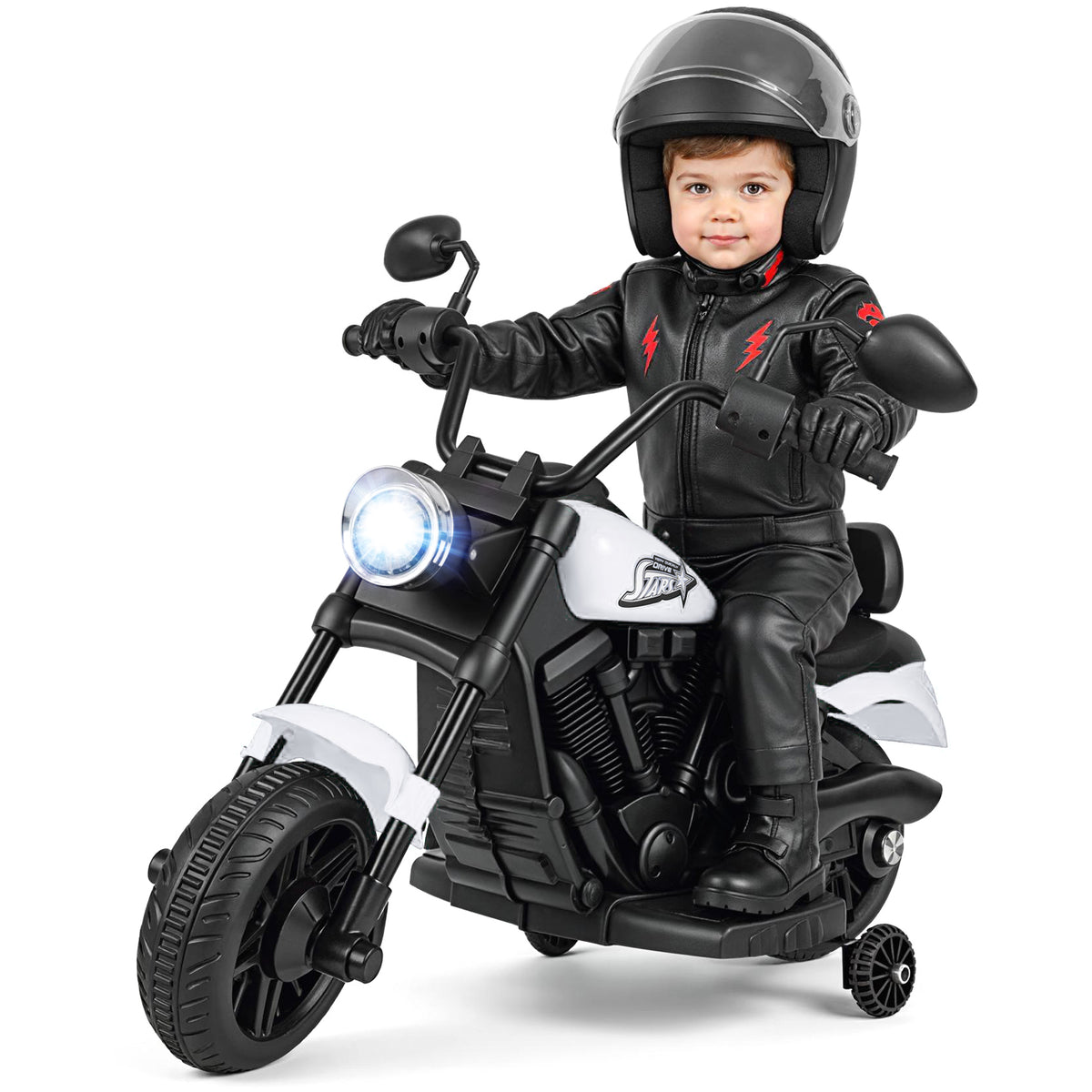 The kids electric motorbike with a child dressed in a leather jacket and helmet