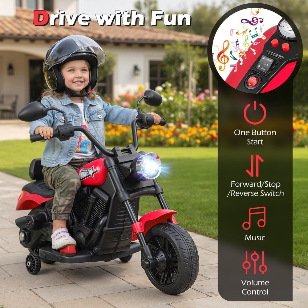 A child enjoys riding the red kids electric motorbike, with music and volume controls highlighted