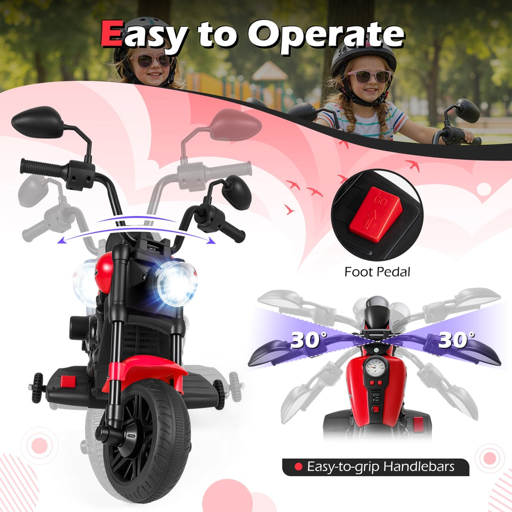 Close up of the red kids electric motorbike showing the handlebars and foot pedal controls