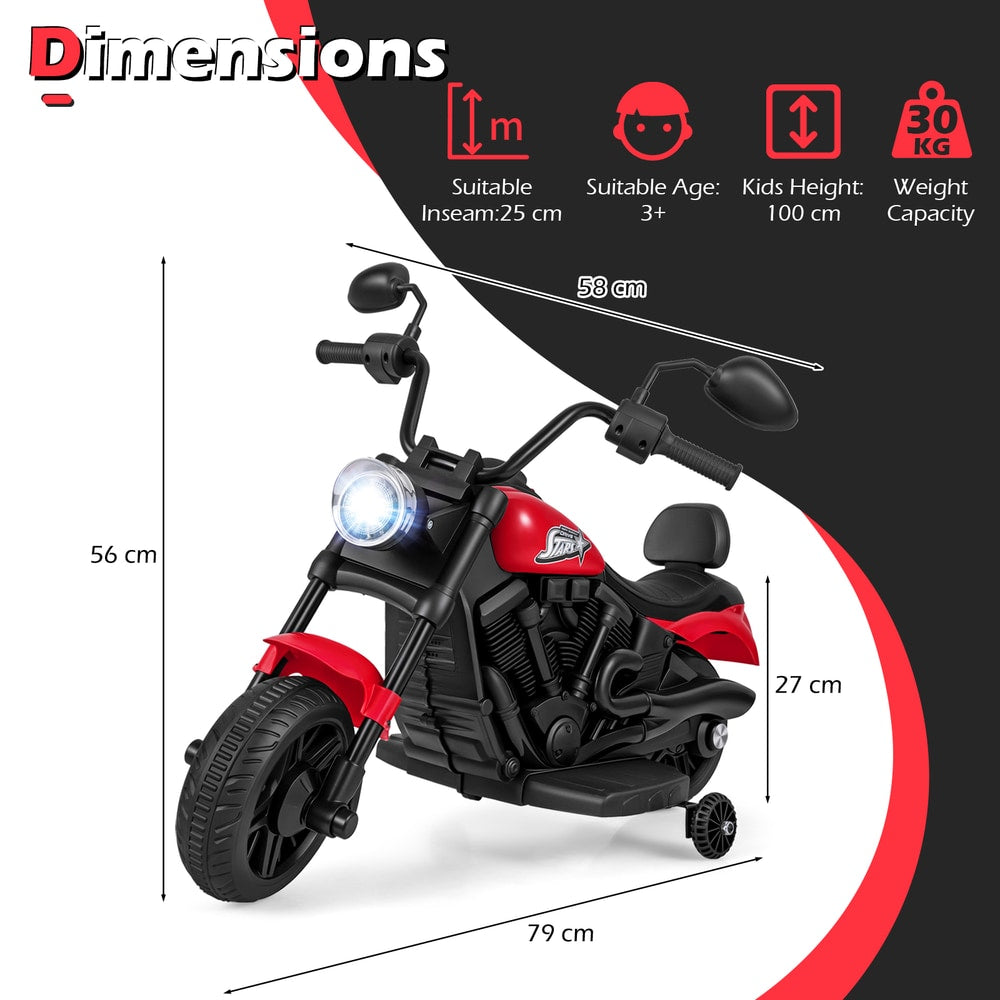 Dimensions diagram showing the red kids electric motorbike with measurements for height, width and depth