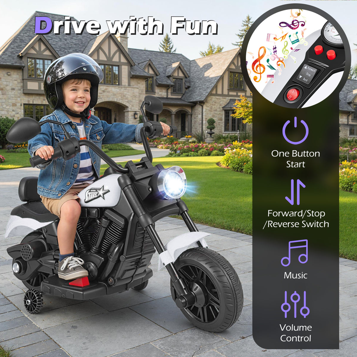 Child enjoying the kids electric motorbike with music controls and start button visible