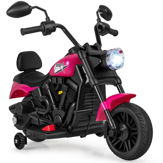 6V Kids Electric Motorbike in rose colour with training wheels and a headlight
