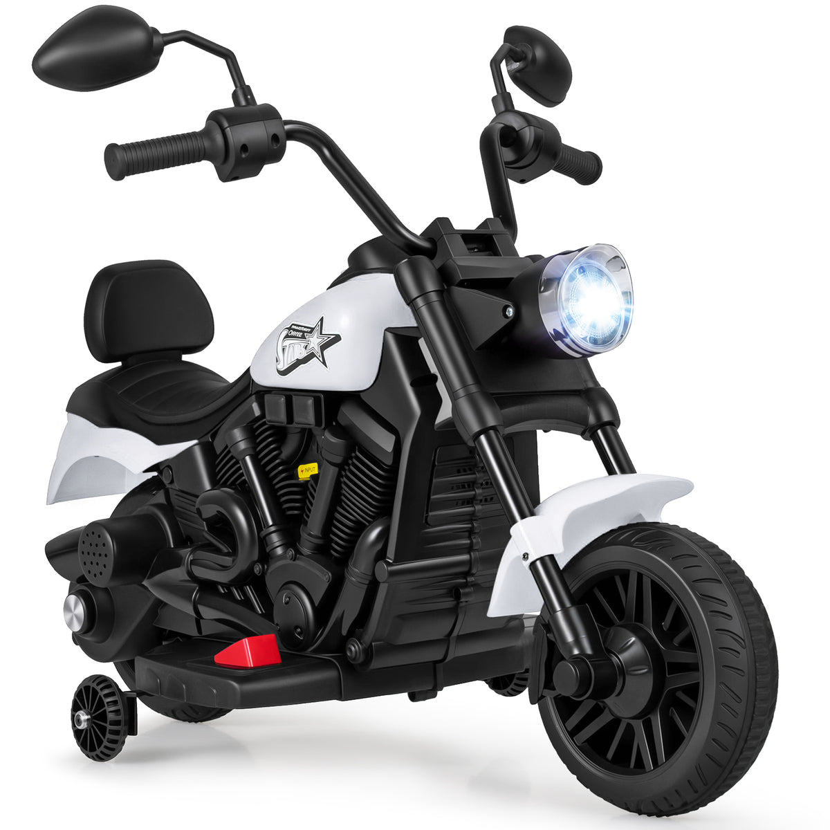 6V Kids Electric Motorbike, a white ride-on toy with black accents and training wheels