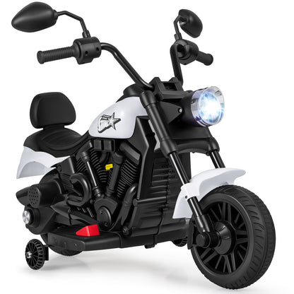 6V Kids Electric Motorbike, a white ride-on toy with black accents and training wheels
