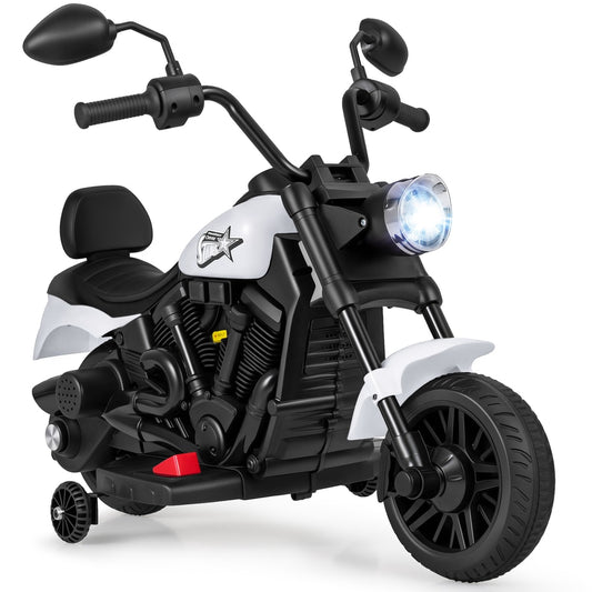 6V Kids Electric Motorbike, a white ride-on toy with black accents and training wheels