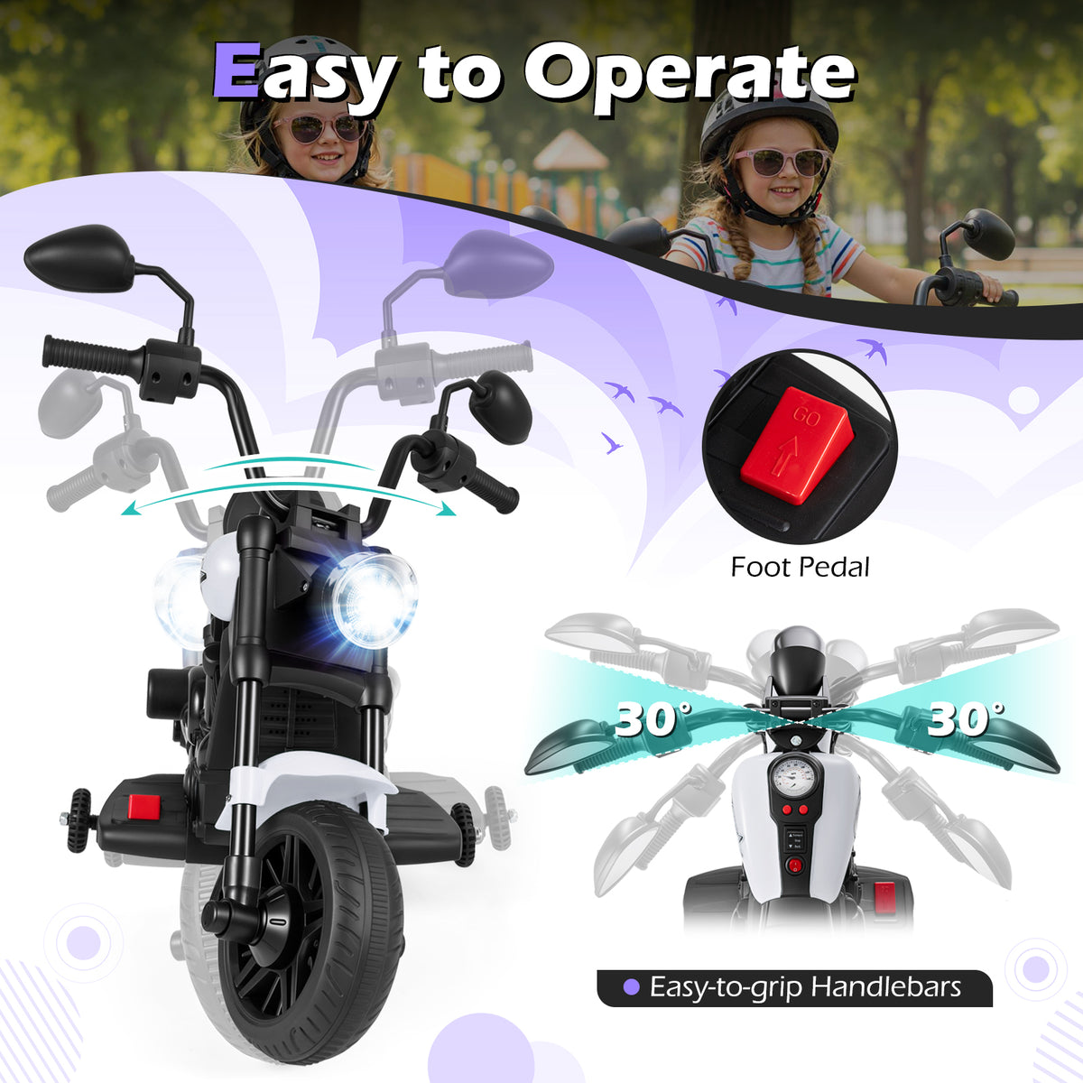 Close-up of the kids electric motorbike handlebars and foot pedal, showing steering angle