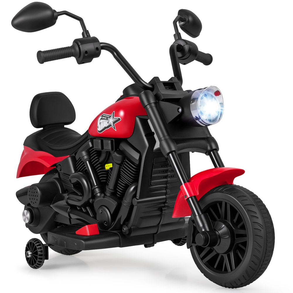 6V Kids Electric Motorbike in red with black handlebars and seat, featuring training wheels and a headlight