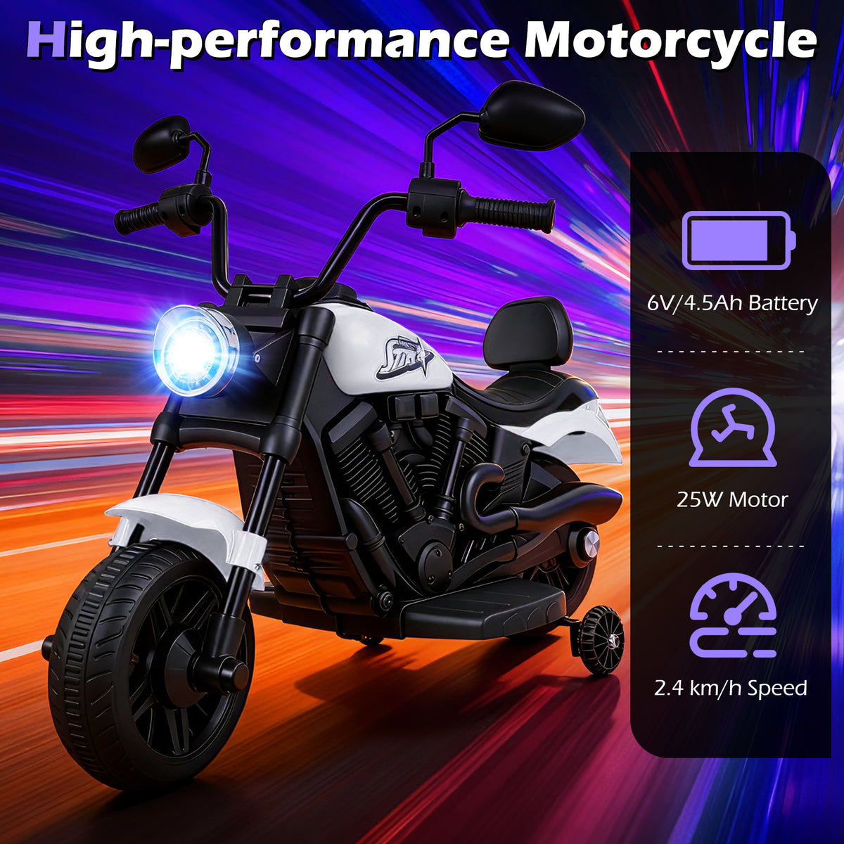 White kids electric motorbike with headlight on, showing battery and motor specifications