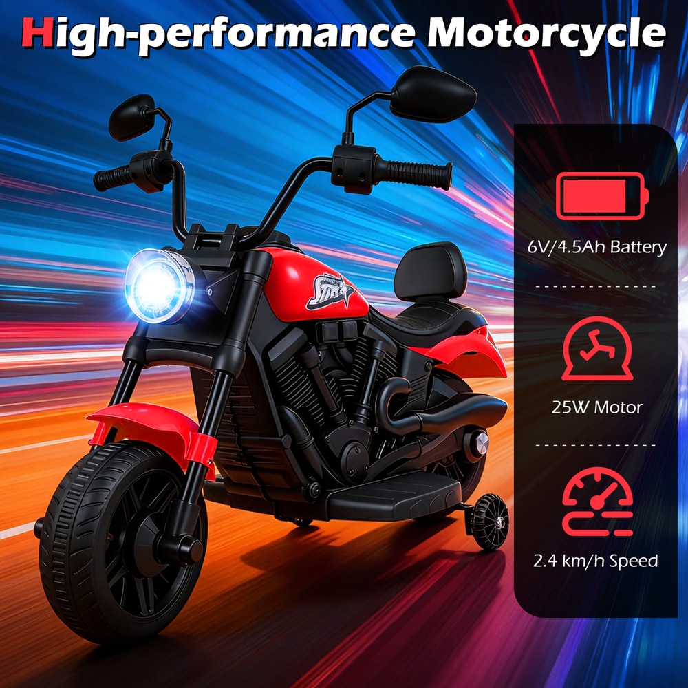 The red kids electric motorbike with technical specifications displayed, including battery and motor details