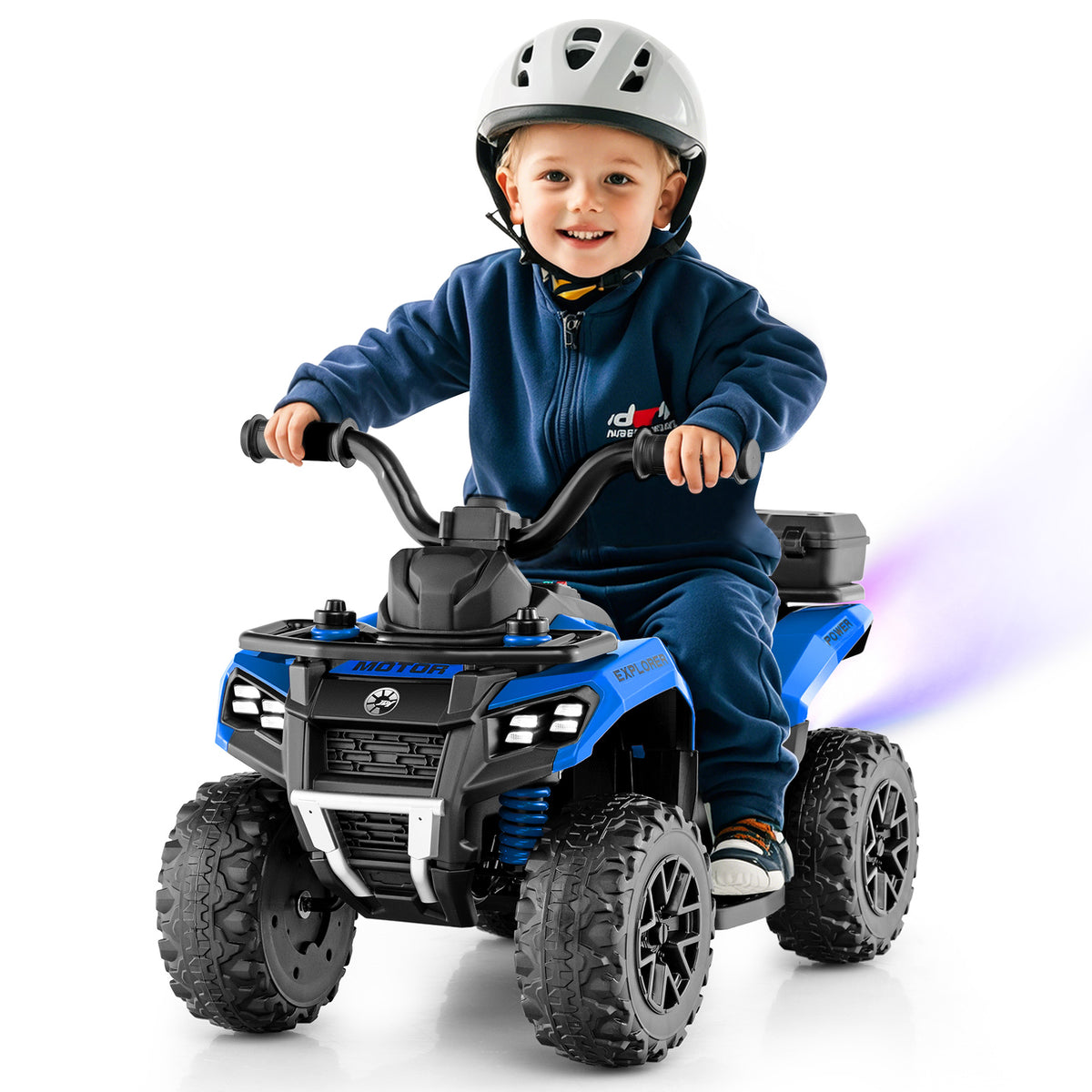 The kids electric quad bike with a child wearing a helmet and riding the vehicle
