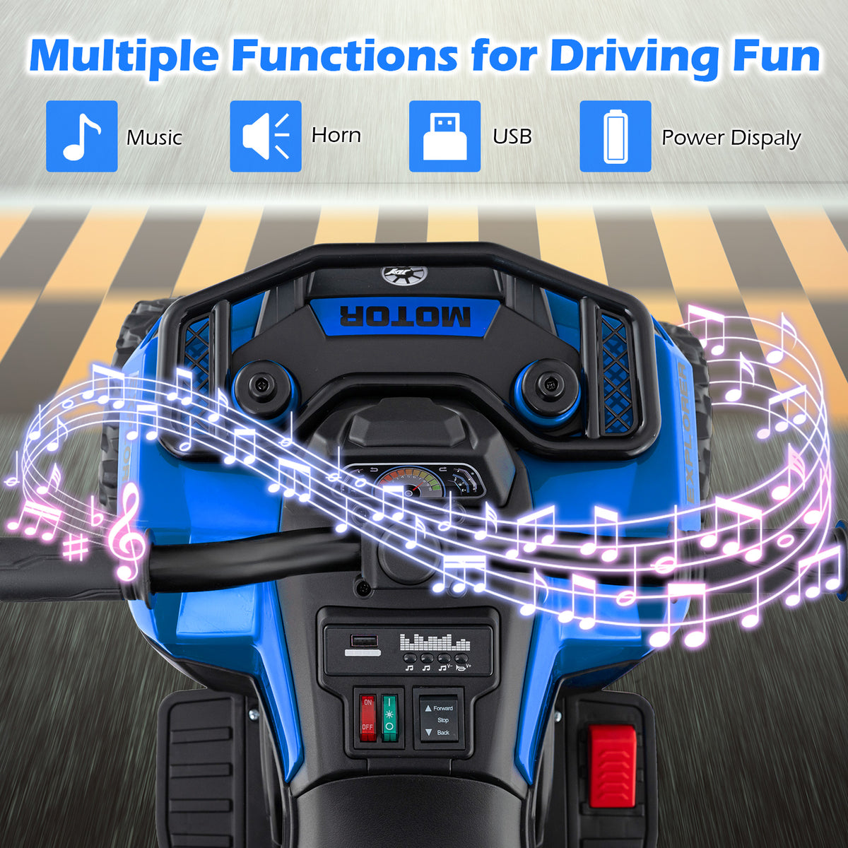 The kids electric quad bike dashboard showing music, horn, USB and power display icons