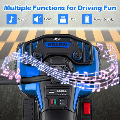 The kids electric quad bike dashboard showing music, horn, USB and power display icons