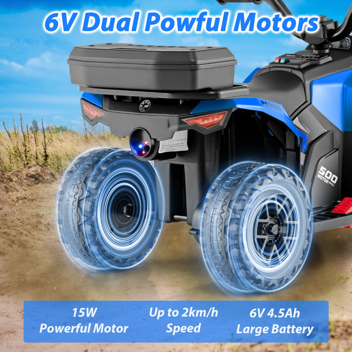 The kids electric quad bike rear view highlighting the dual motors and battery power
