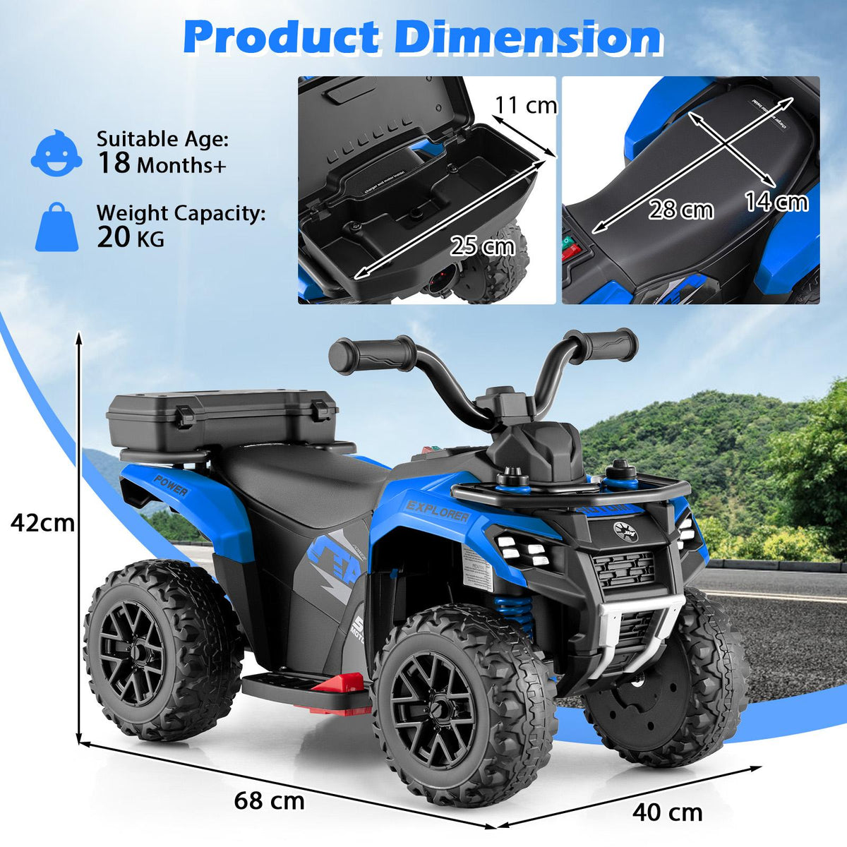 The kids electric quad bike shown with dimension labels and storage box details