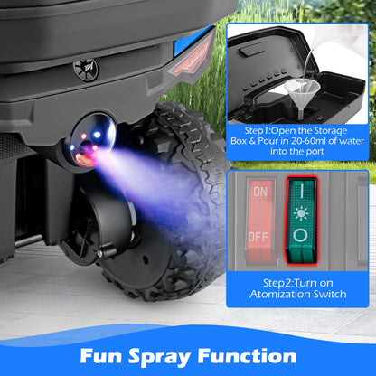 The kids electric quad bike spray function showing water being poured into the storage box