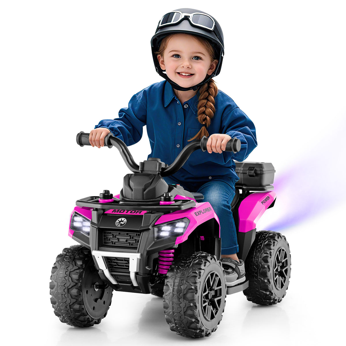 A child wearing a helmet enjoys riding the pink kids electric quad bike
