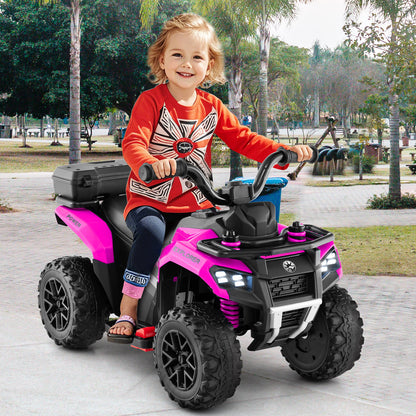 A young child rides the pink kids electric quad bike outdoors