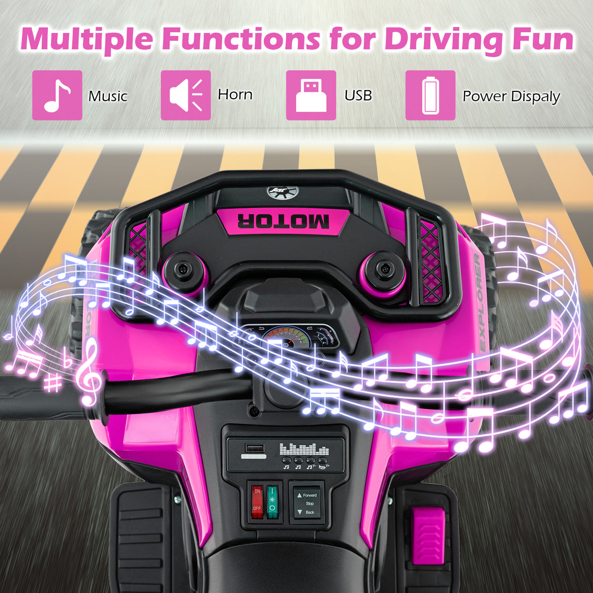 Dashboard of the pink kids electric quad bike showing music and power display