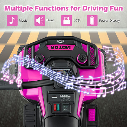 Dashboard of the pink kids electric quad bike showing music and power display