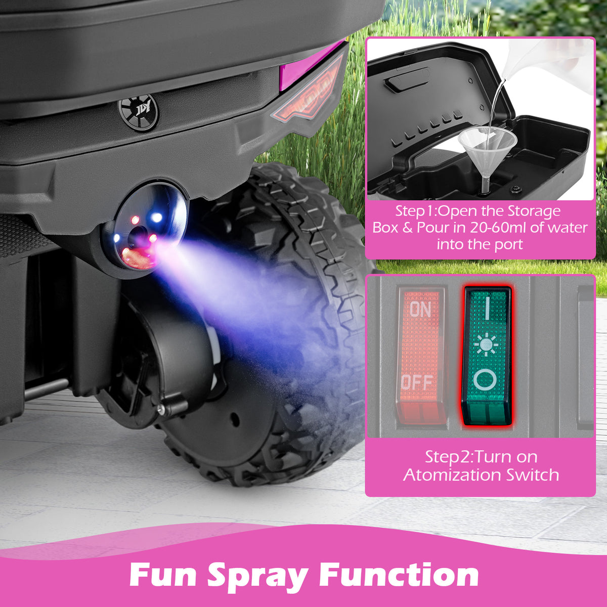 The pink kids electric quad bike has a fun spray function activated from the storage box