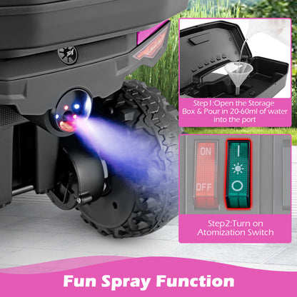 The pink kids electric quad bike has a fun spray function activated from the storage box