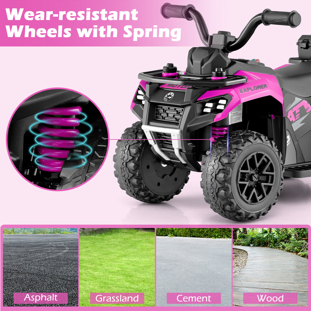 Wear-resistant wheels with spring suspension on the pink kids electric quad bike