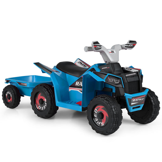 6V Kids Electric Quad with removable back trailer in blue, front three-quarter view