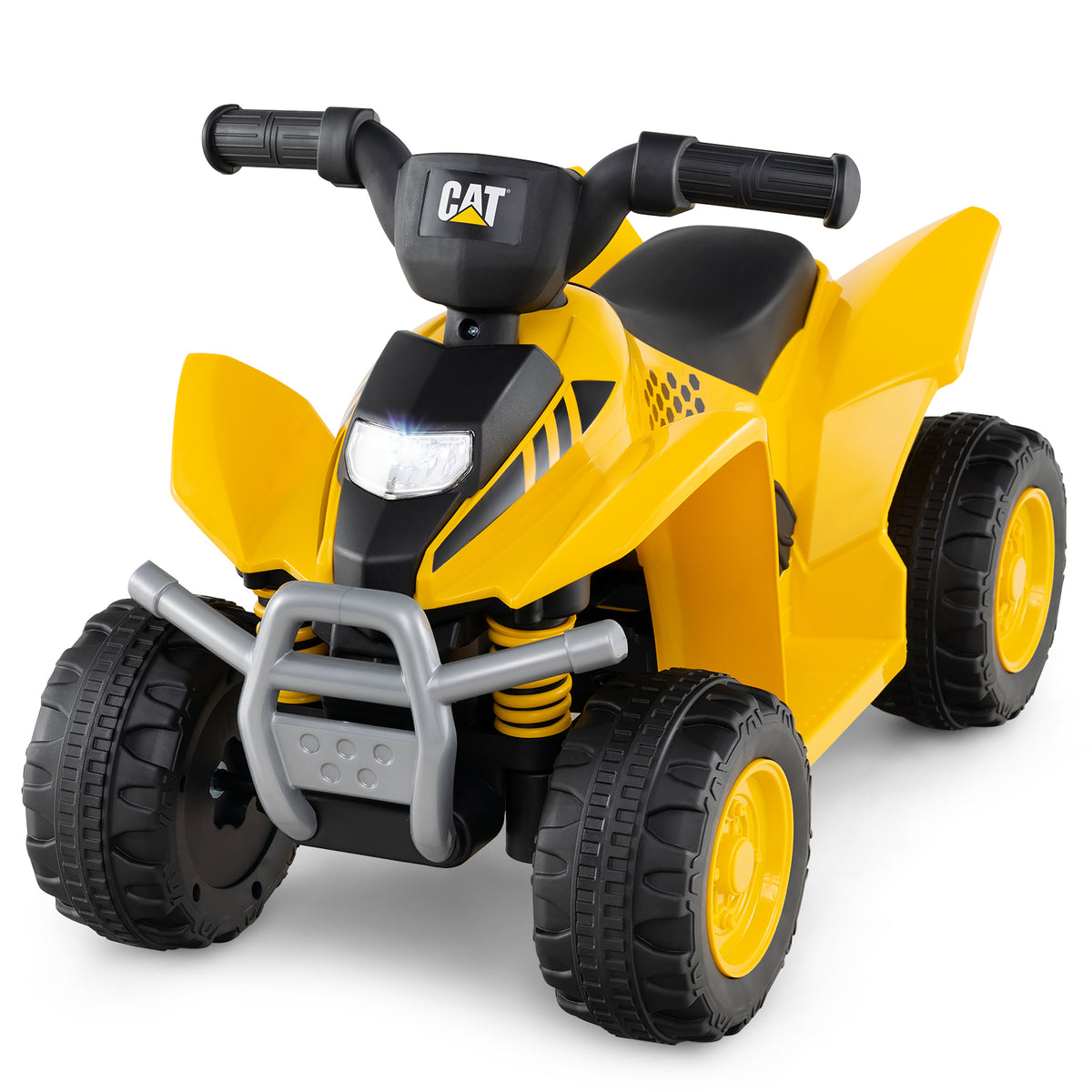 Yellow kids electric quad car with CAT branding parked on a white background