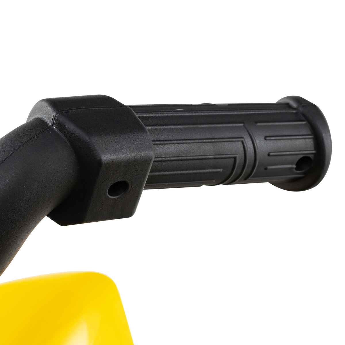 Close up of the black handlebar grips on the yellow kids electric quad car